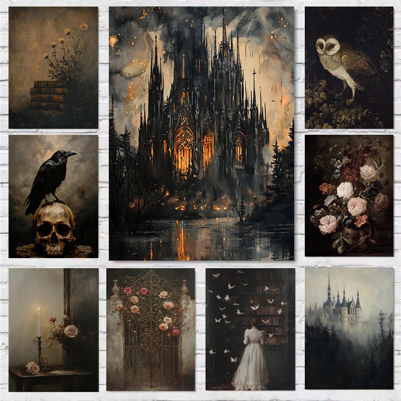 Home Decor Gothic - Dark Academia Antique Gothic Castle Wildflowers