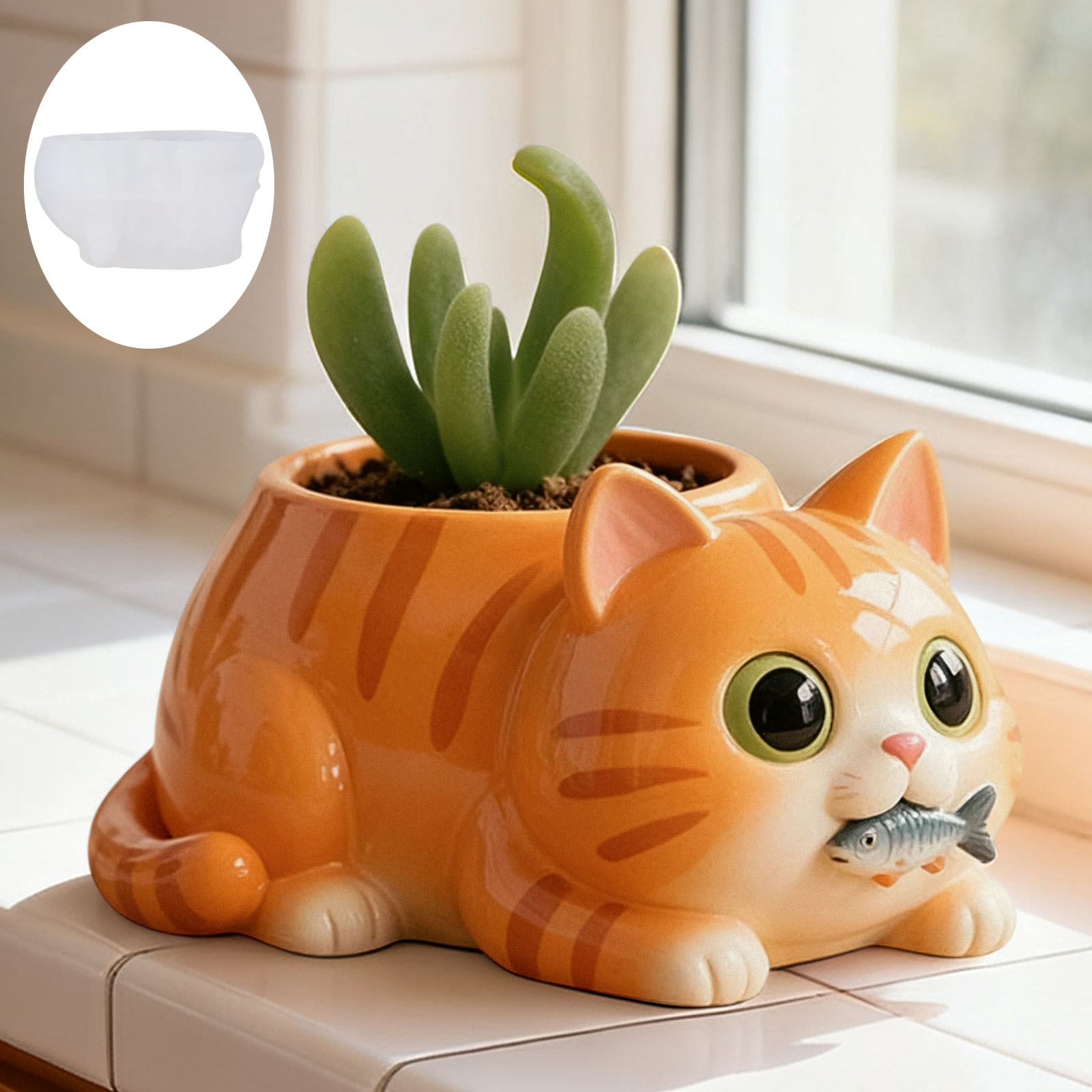 Cat Eating Fish Flower Pot Sil - Succulent Planter Pot 评论和价格